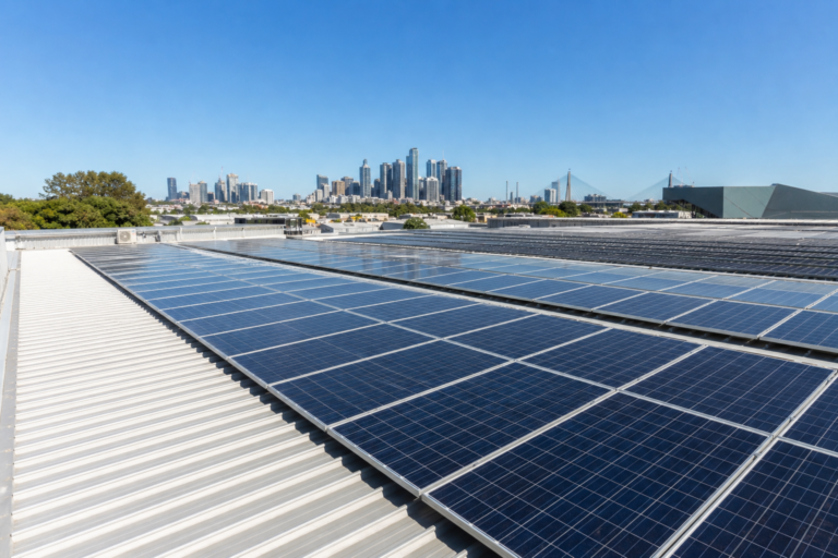 Commercial solar panel array on Sydney warehouse rooftop