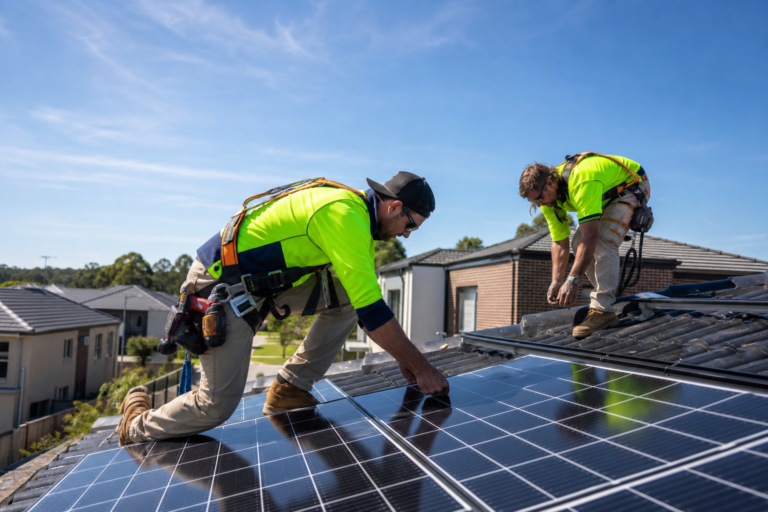 Licensed solar installer securing panels to a tiled rooftop in Western Sydney