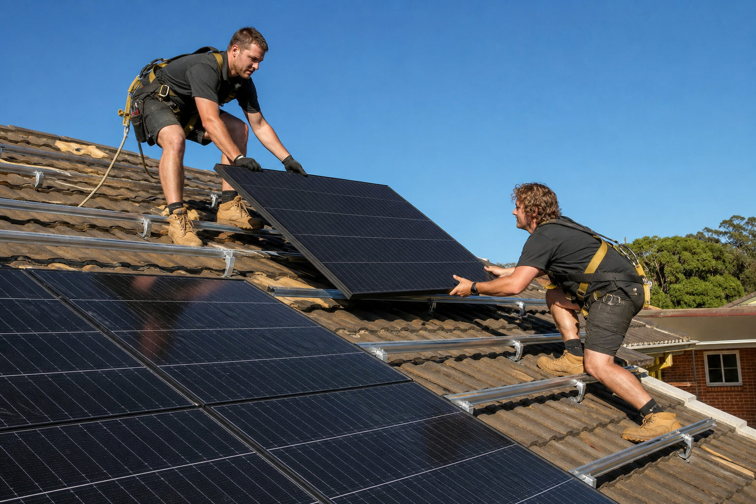 CEC accredited installers fitting solar panels to a tiled roof on a Sydney home