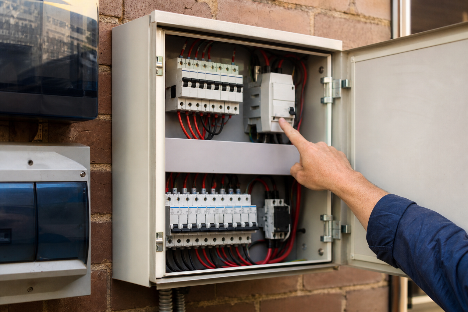 Electrician checking the solar isolator and circuit breakers in a Sydney home switchboard