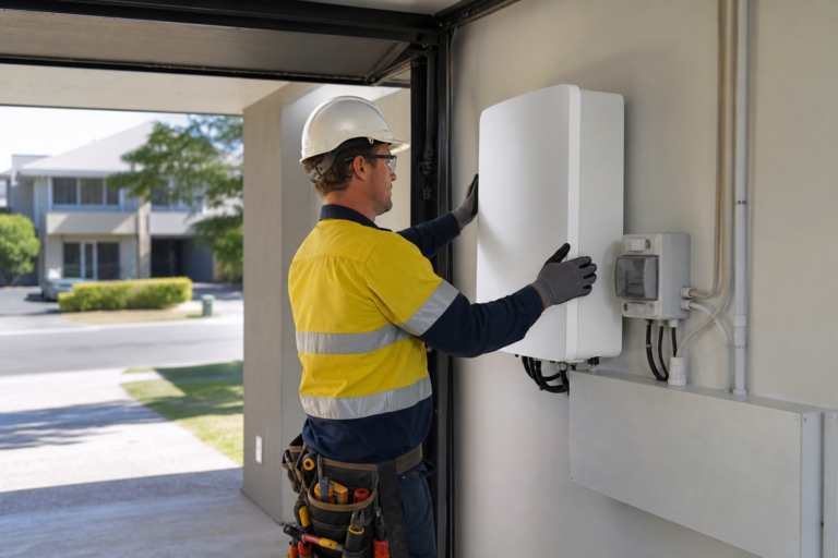 CEC-accredited electrician installing a Tesla Powerwall battery unit in a Sydney garage
