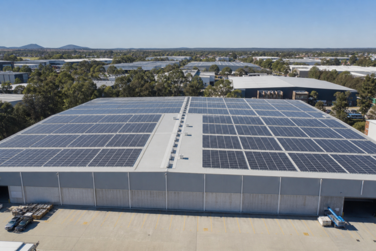 Commercial solar panels installed on a large warehouse rooftop in Western Sydney