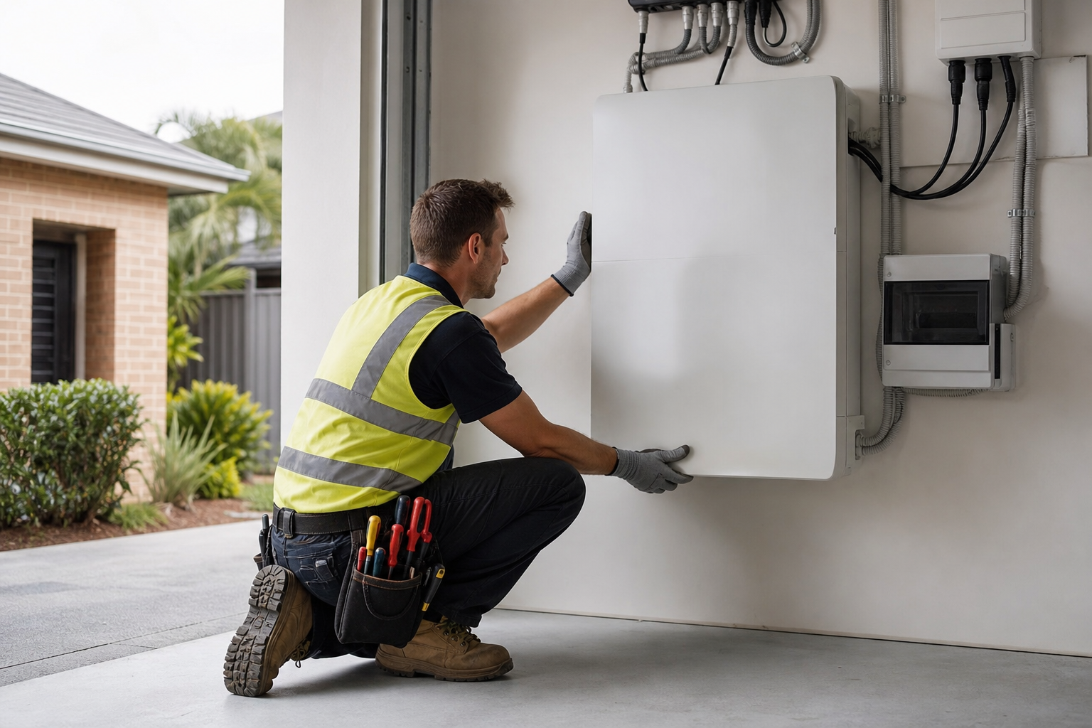 Electrician installing a wall-mounted battery unit in a Sydney garage