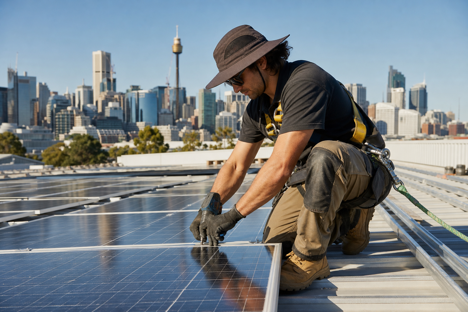 CEC-accredited solar installer fitting panels on commercial rooftop Sydney