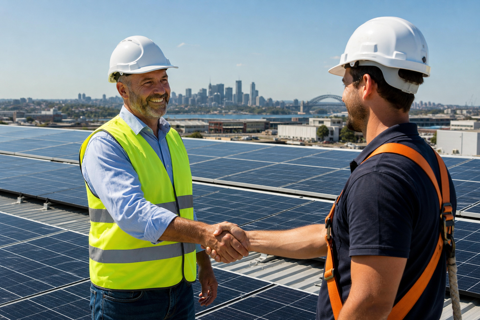 Business owner shaking hands with solar installer beside commercial rooftop solar array in Sydney