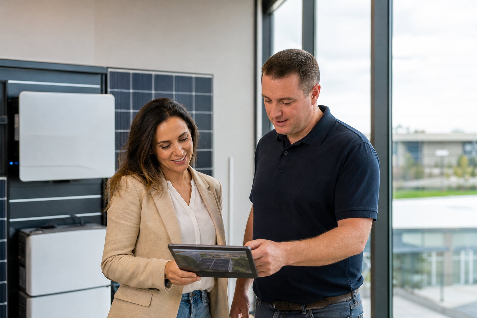 Business owner reviewing commercial solar plans with consultant in Sydney office