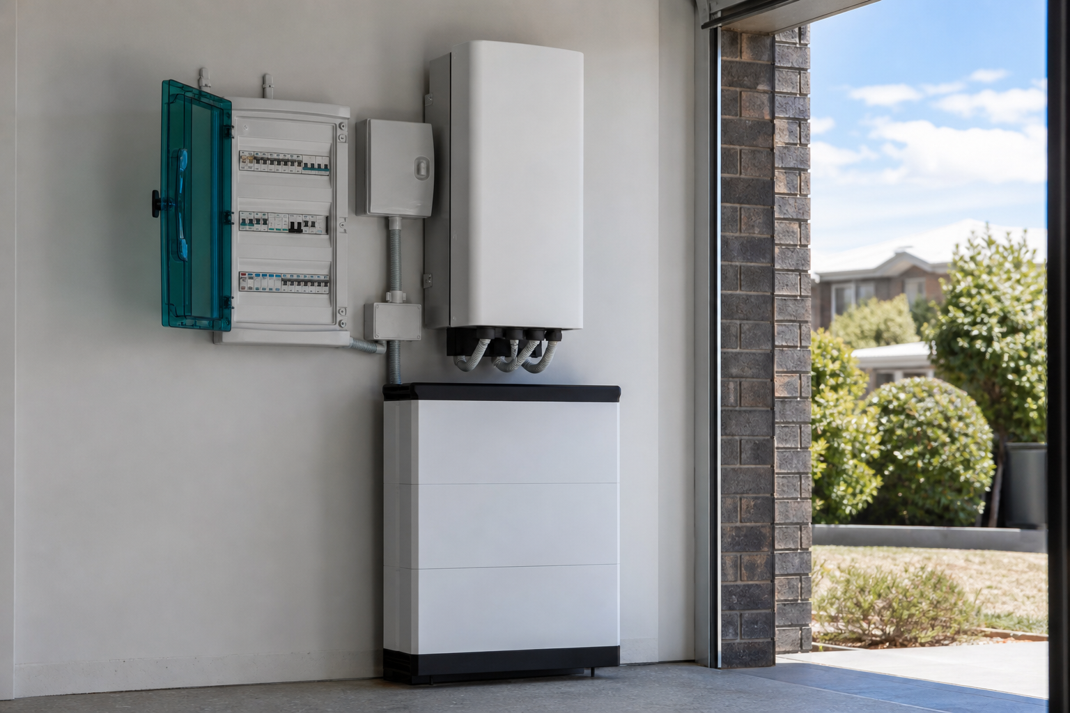 Residential solar battery storage system installed in garage in Sydney