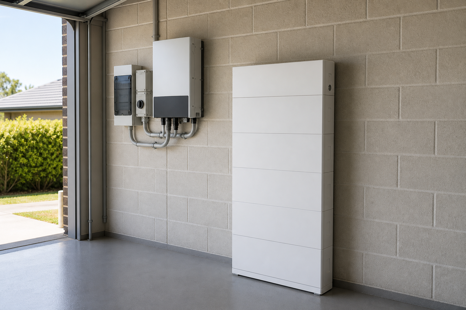 Unbranded solar battery installed in an Australian home garage