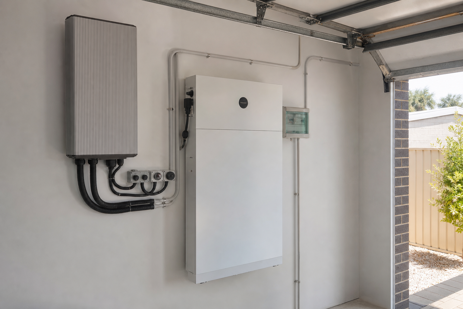 Home solar battery and inverter installed in a Sydney garage