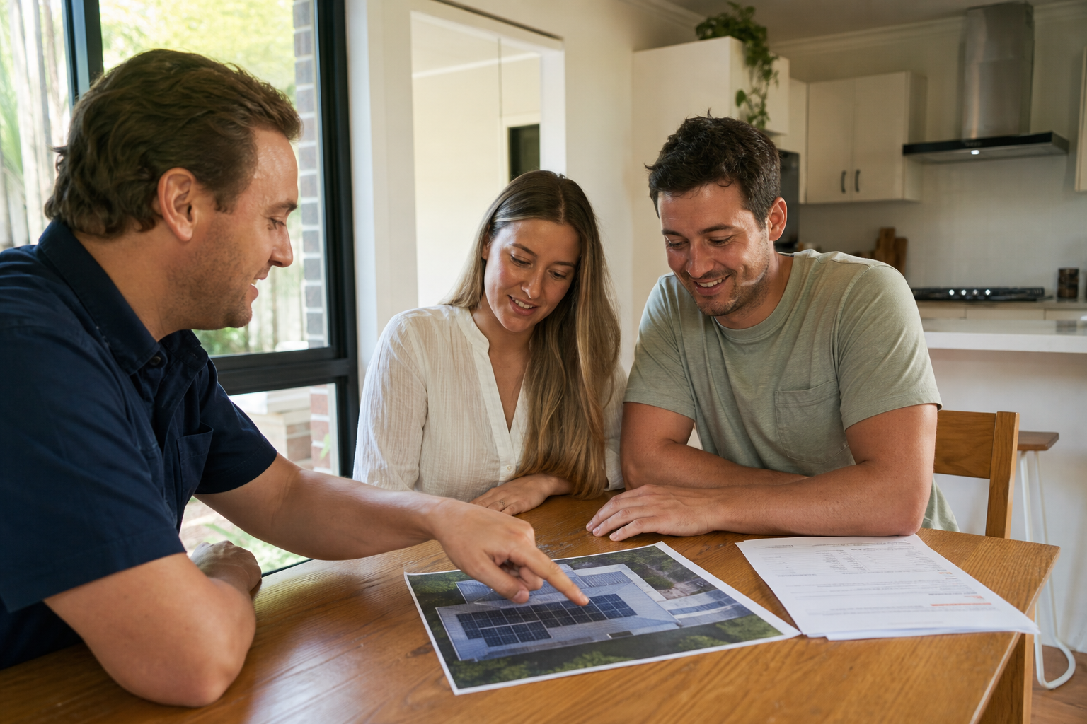 Solar consultant reviewing a system design with a Liverpool couple at home