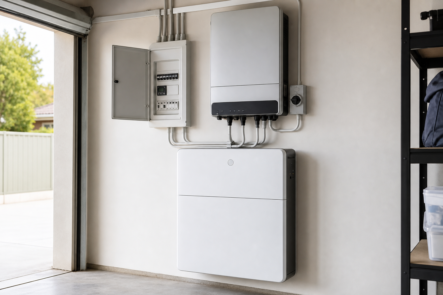Home solar battery and hybrid inverter installed in an Australian garage beside the switchboard