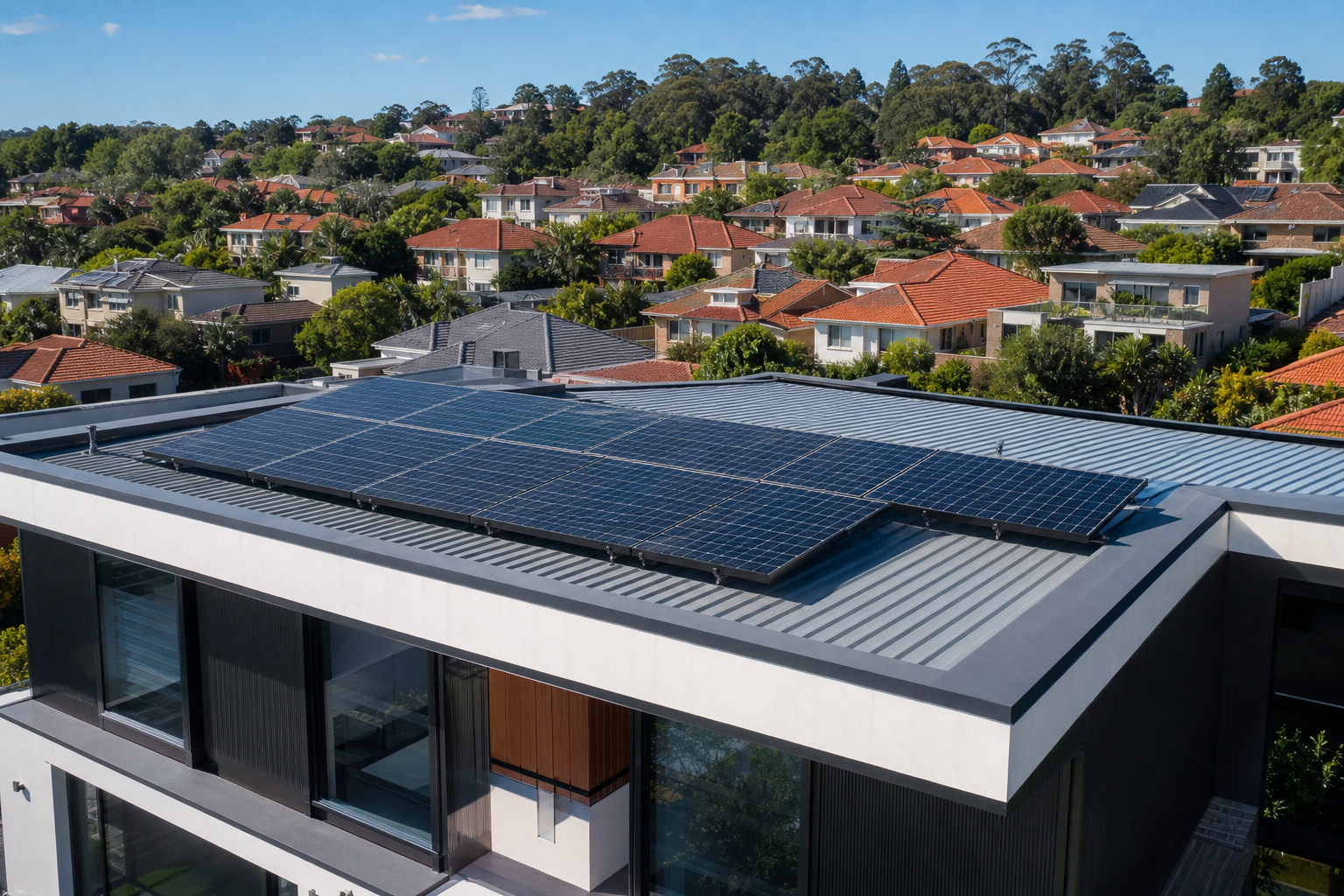 Aerial view of a rooftop solar array on a modern Sydney home with suburban rooftops behind