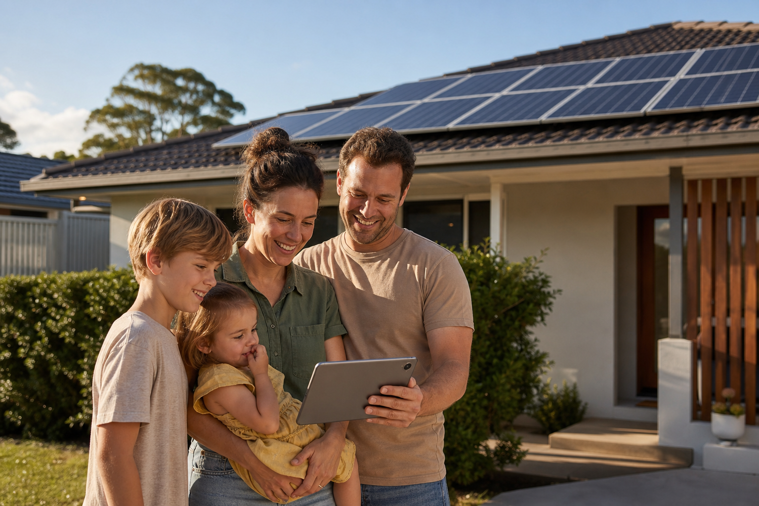 Sydney family with solar panels checking energy savings on a tablet