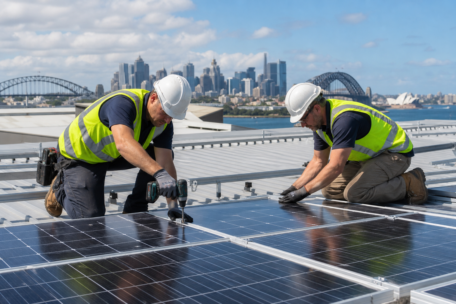 CEC-accredited solar installers installing panels on a commercial rooftop in Sydney
