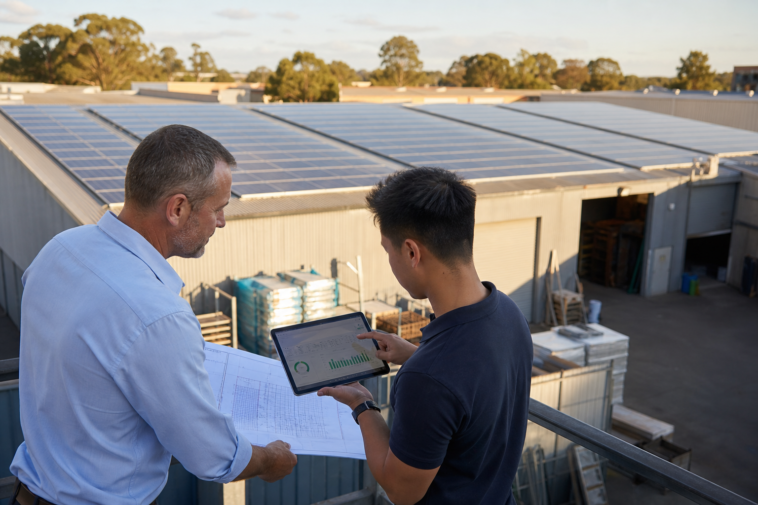 Business owner reviewing commercial solar plans with a consultant in Blacktown
