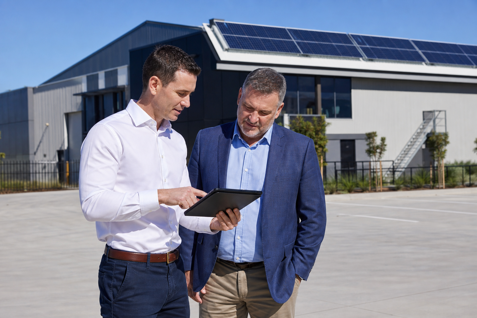 Solar consultant showing commercial solar proposal to Liverpool business owner