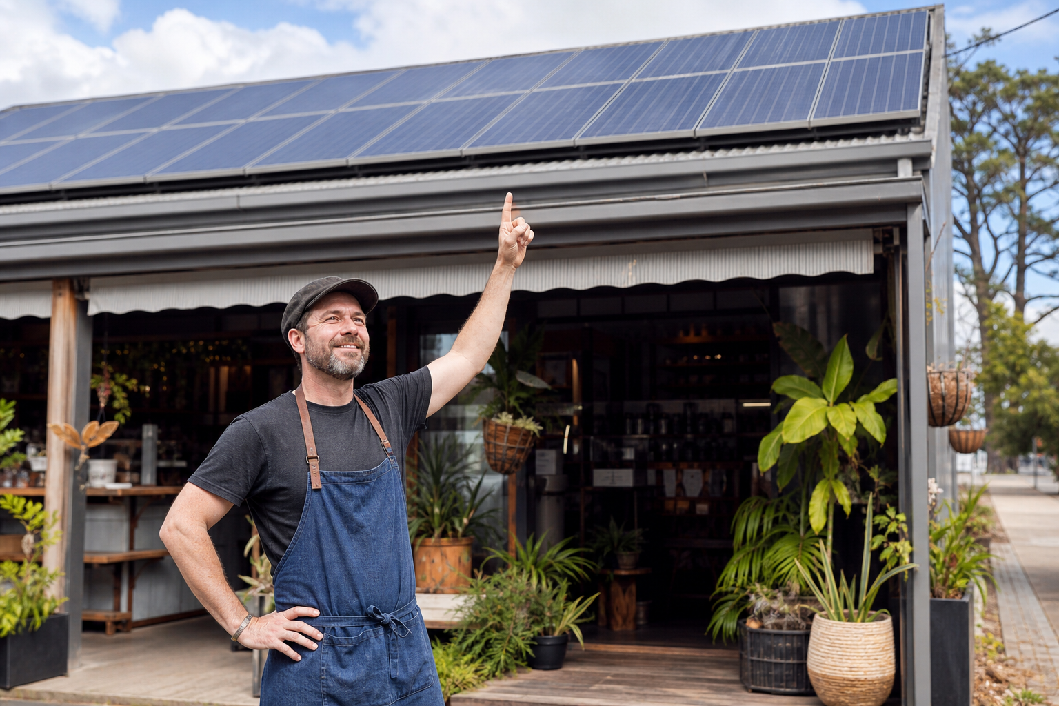 Sydney small business owner with solar panels on shop roof