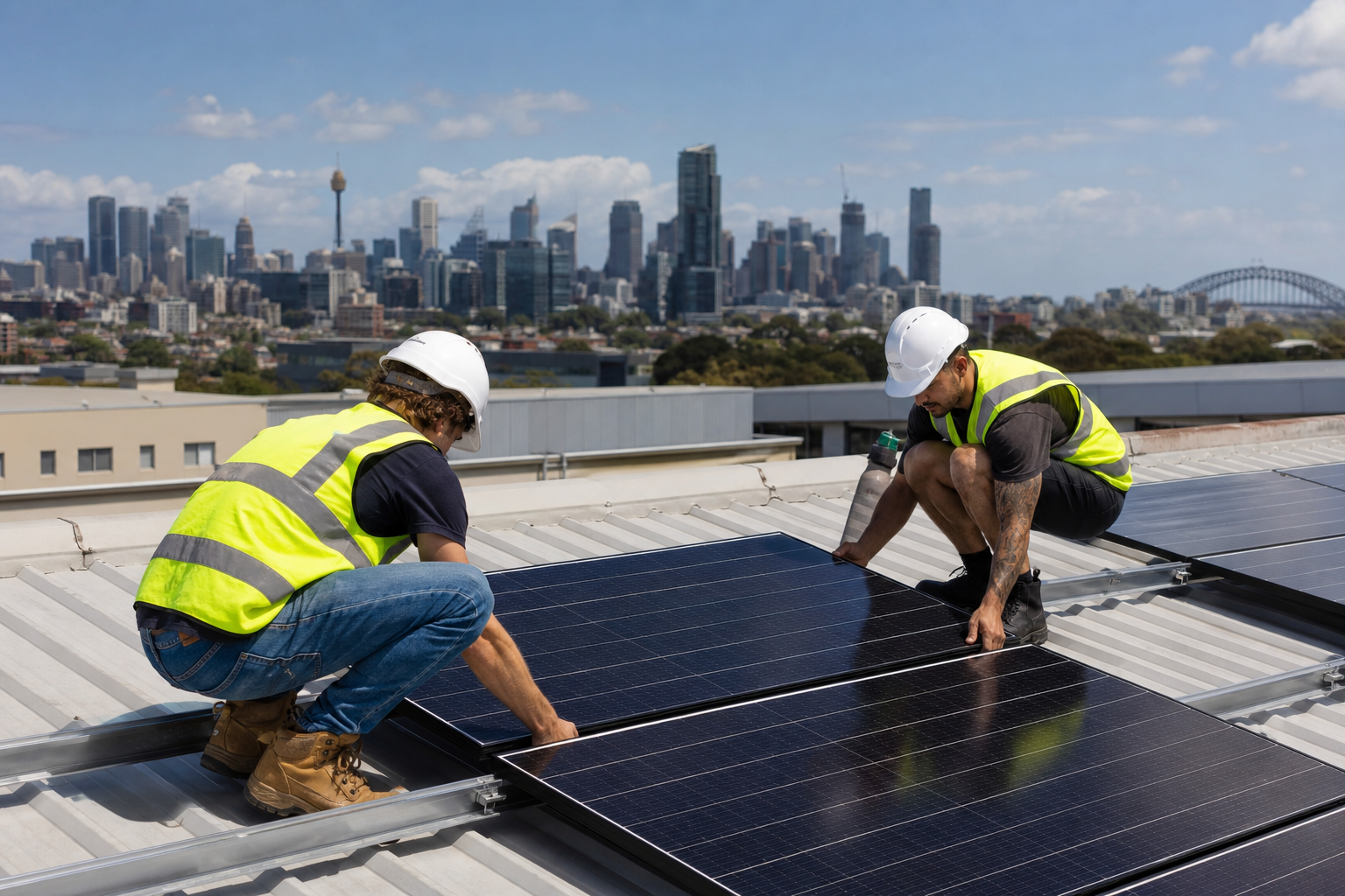 Solar installers fitting commercial solar panels on a Sydney warehouse rooftop