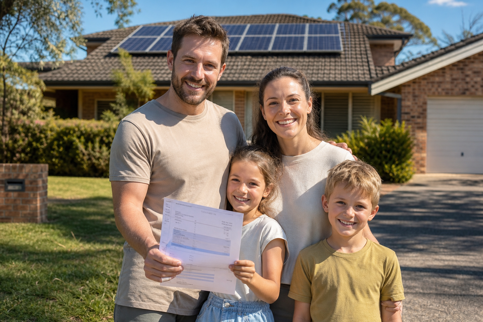 Australian family standing outside their Sydney home with solar panels on the roof