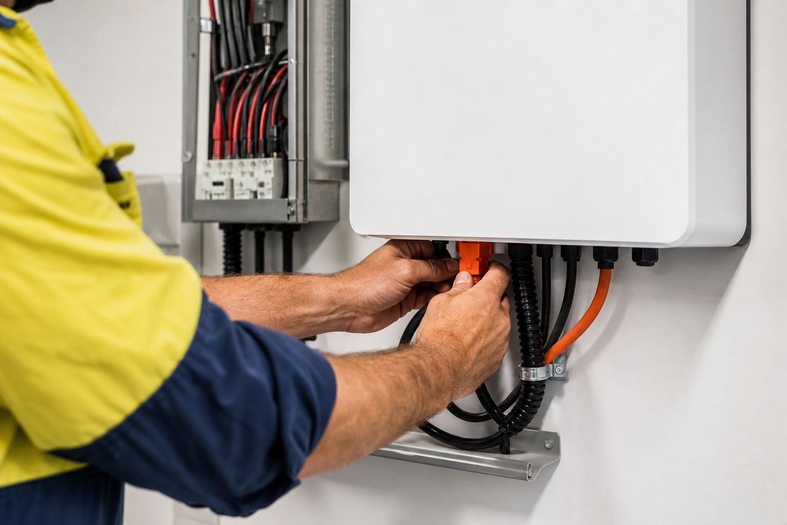 Electrician connecting wiring to a solar battery unit during installation in Sydney