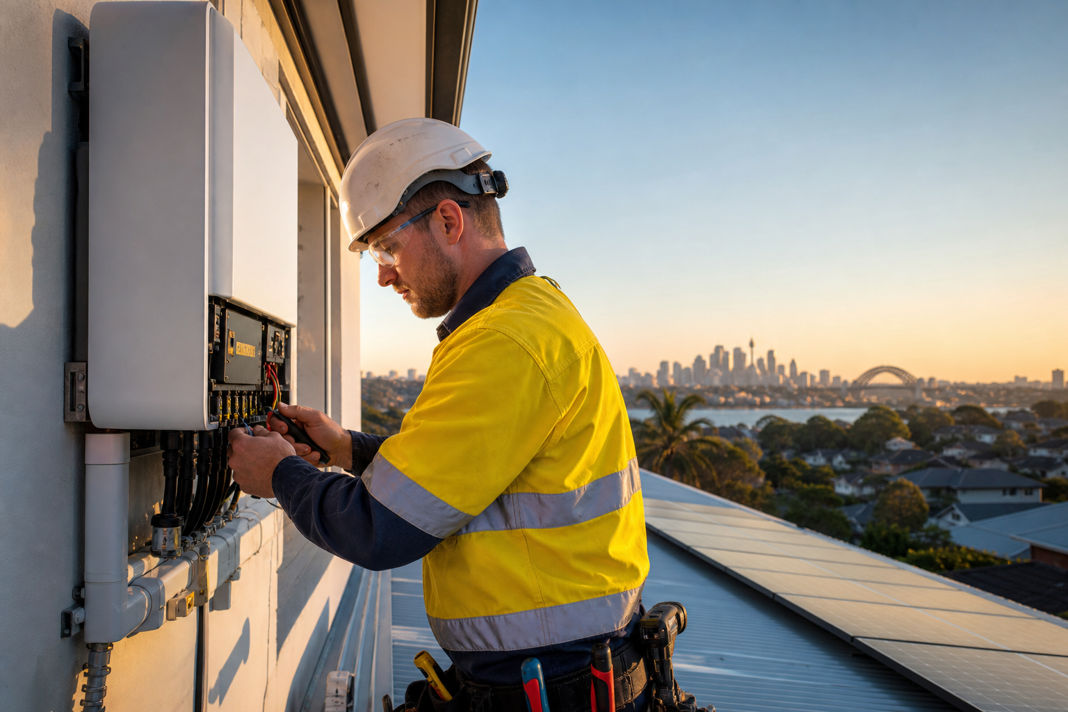Electrician inspecting completed solar panel system in Western Sydney