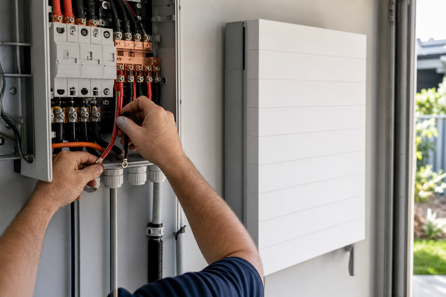 Electrician wiring switchboard connections for home battery installation Sydney