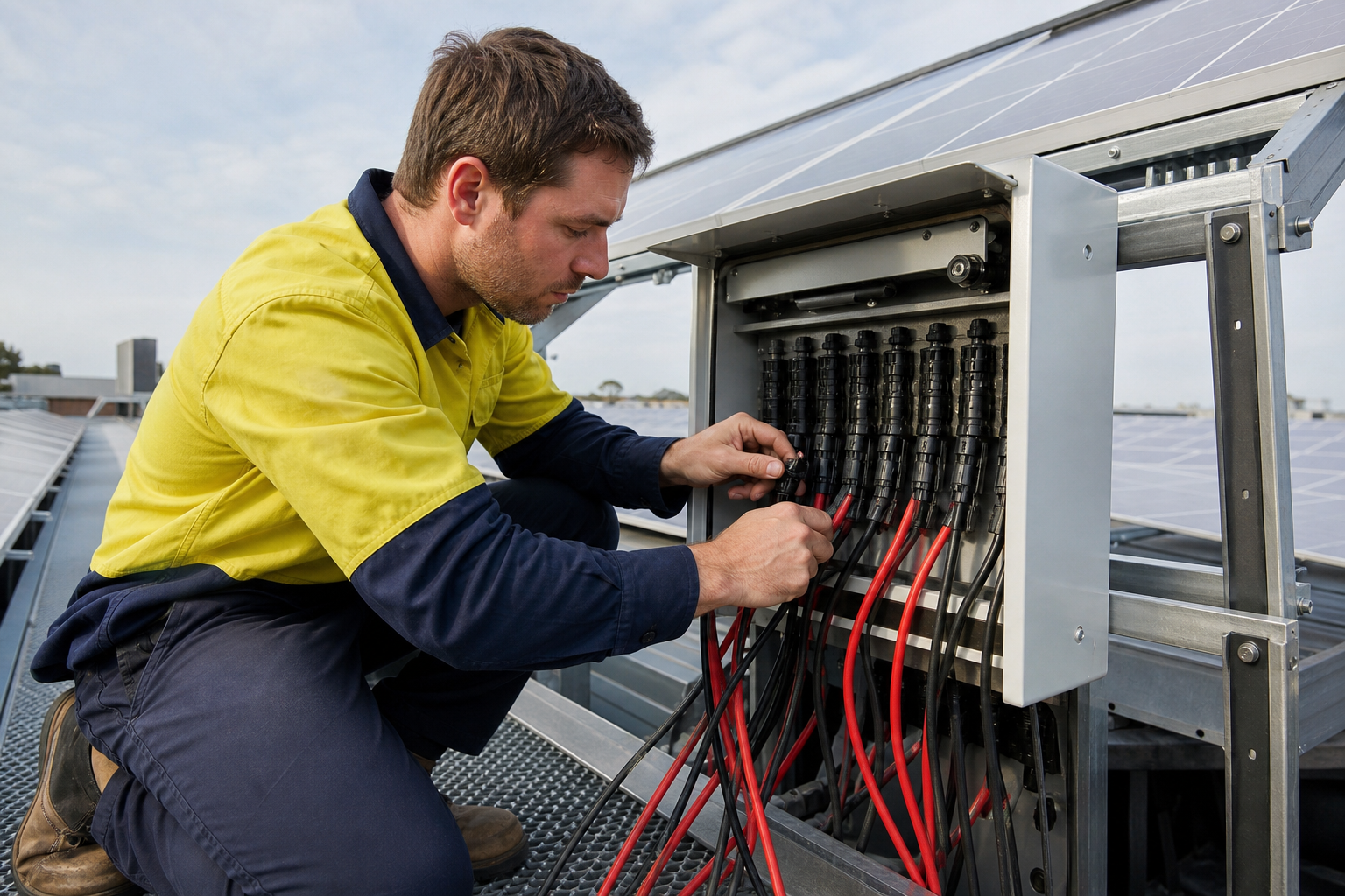 Electrician connecting DC cables beneath commercial solar panels on a flat commercial rooftop