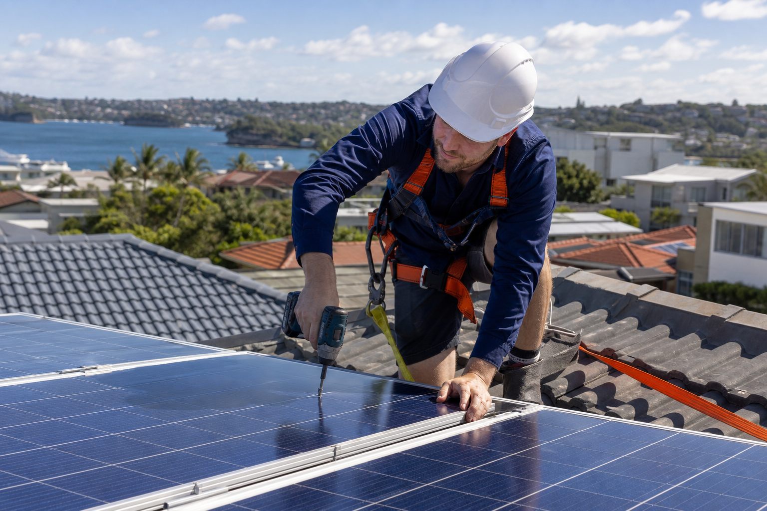 CEC-accredited installer fitting residential solar panels on a Sydney rooftop