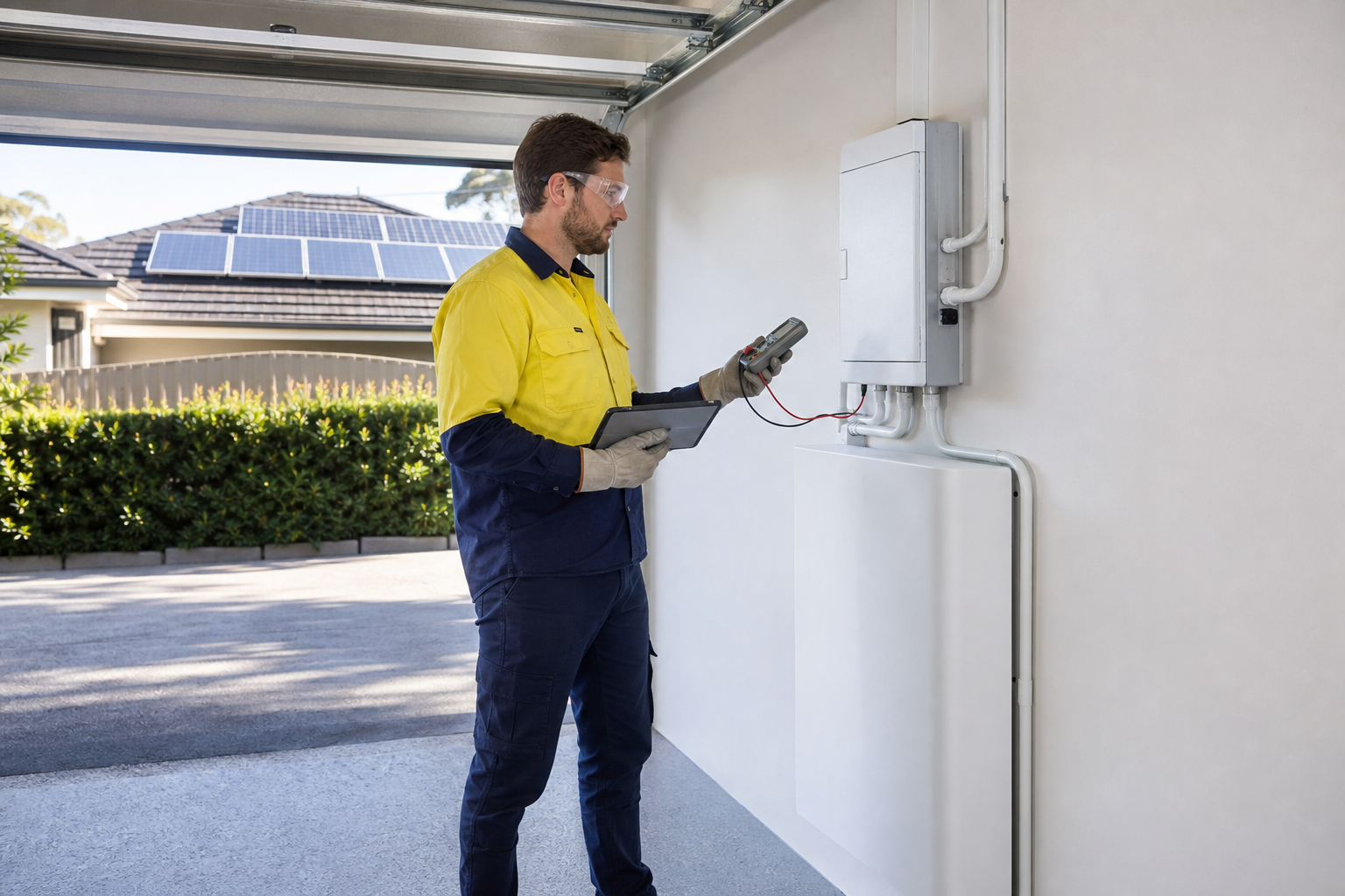 Electrician inspecting a switchboard for a Sydney solar battery retrofit