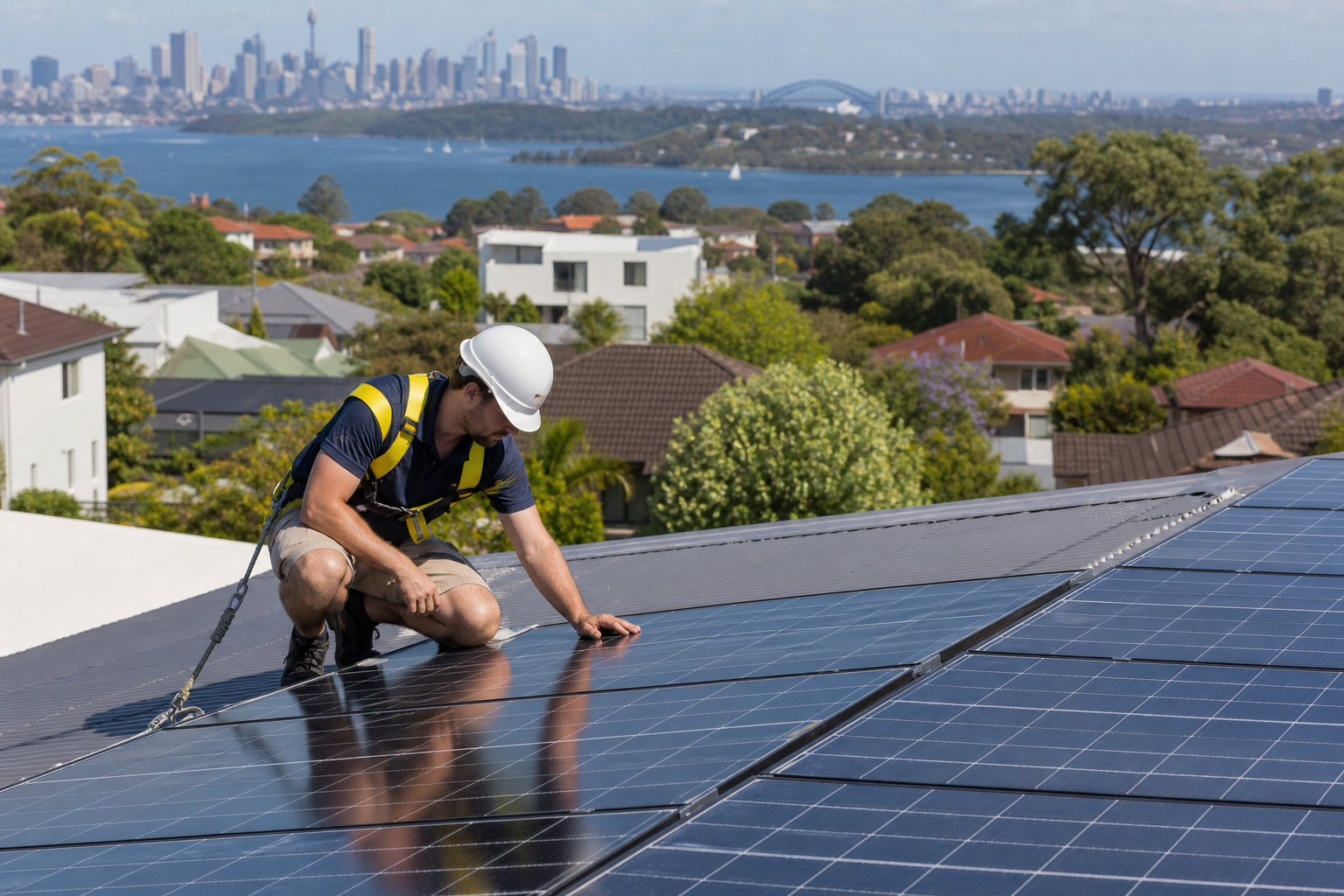 Solar technician inspecting a rooftop array with the Sydney skyline behind