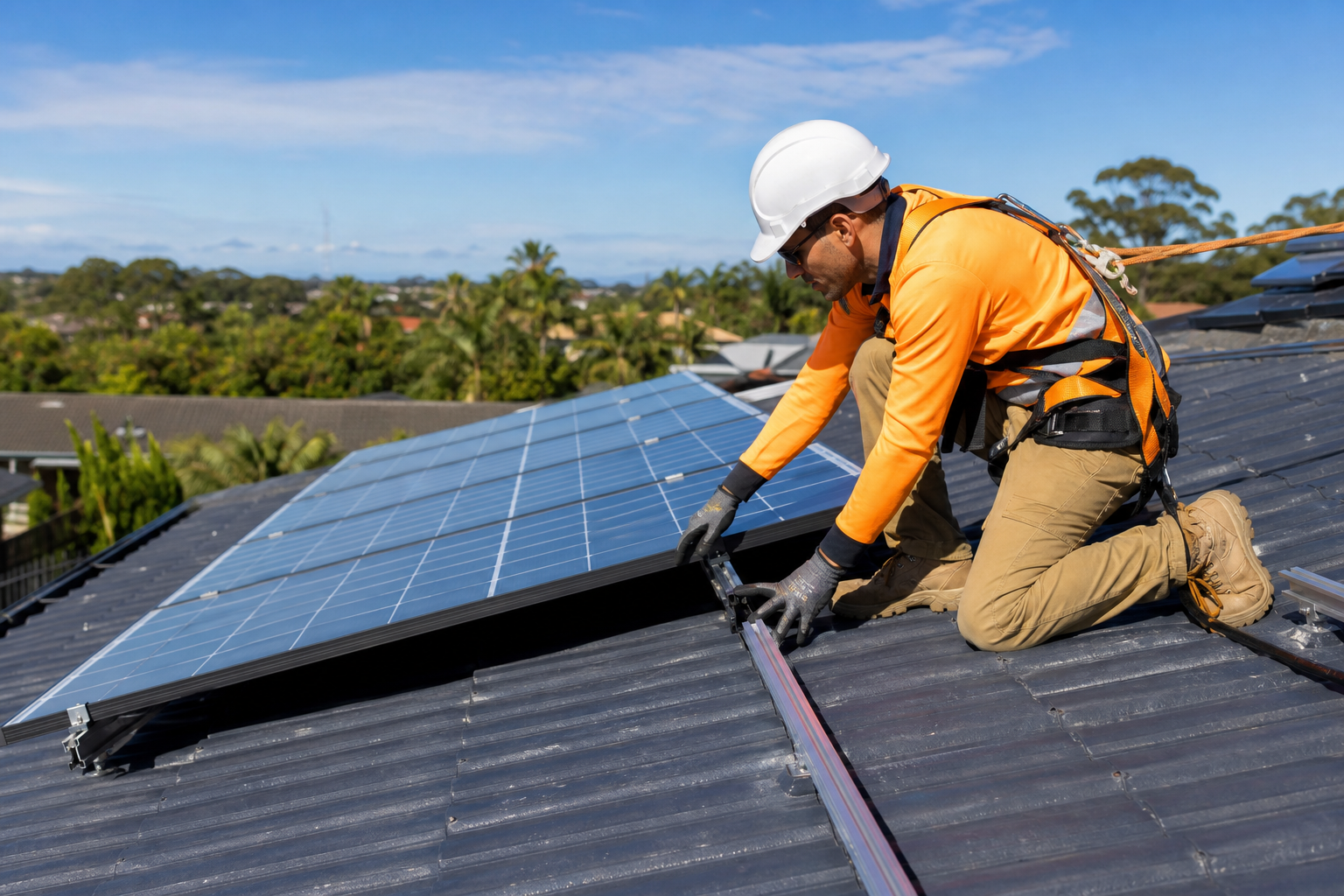 Licensed electrician installing solar panels on a Western Sydney rooftop