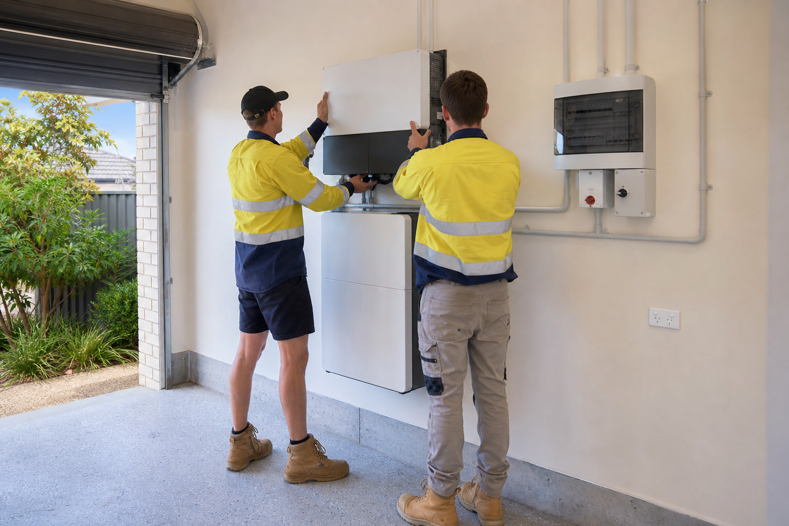 Electricians installing a home battery and inverter in a Sydney garage