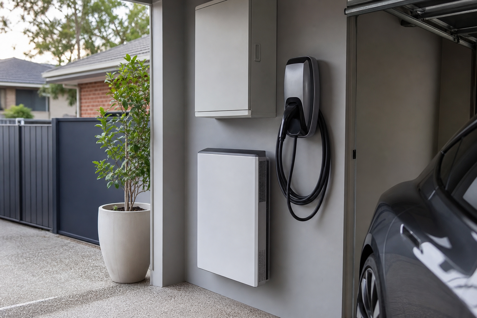 Solar battery storage system and EV charger mounted in a Sydney garage alongside an electric vehicle