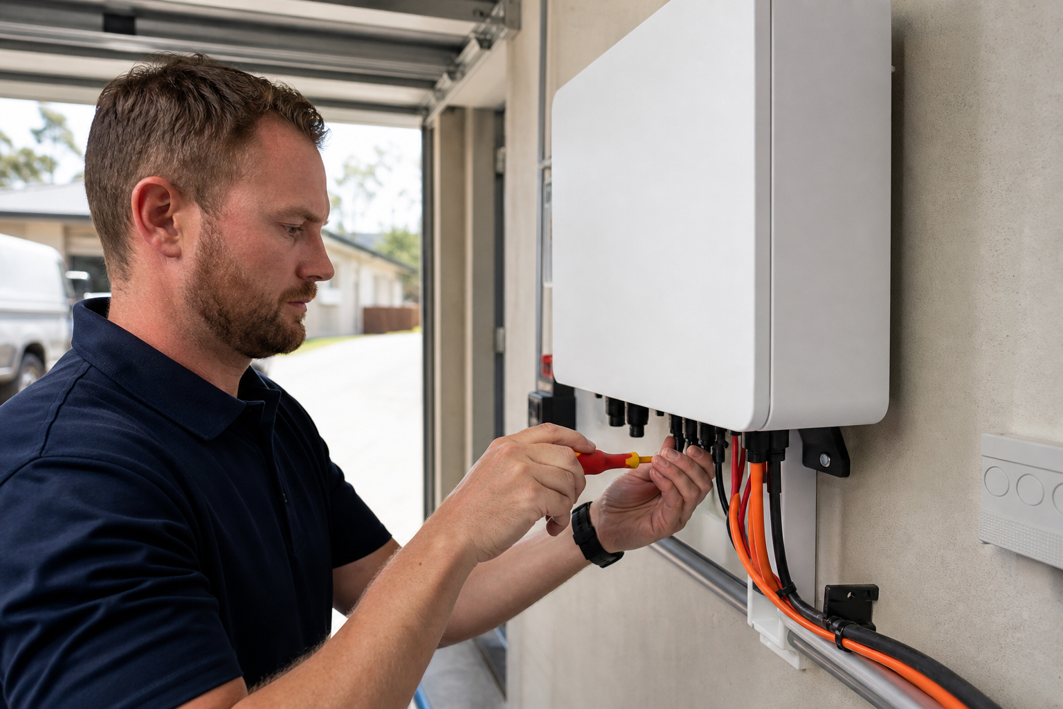 Solar installer connecting wiring to a wall-mounted battery unit in a residential garage