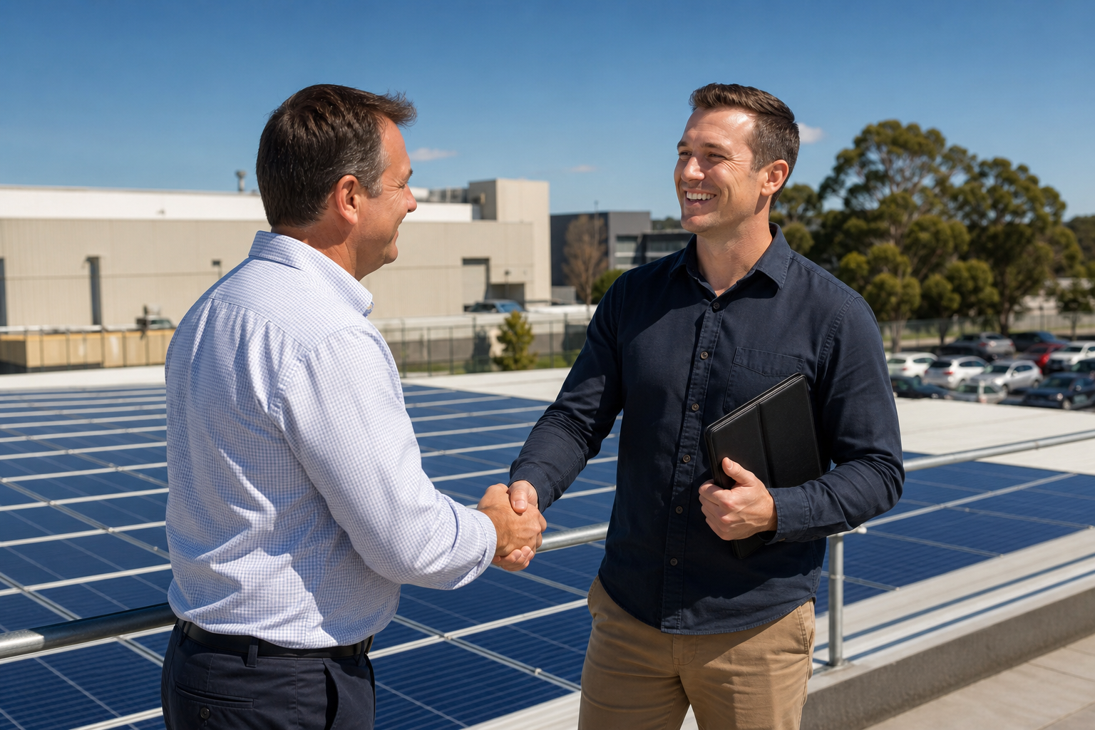 Business owner and solar consultant discussing commercial solar installation beside a Western Sydney warehouse