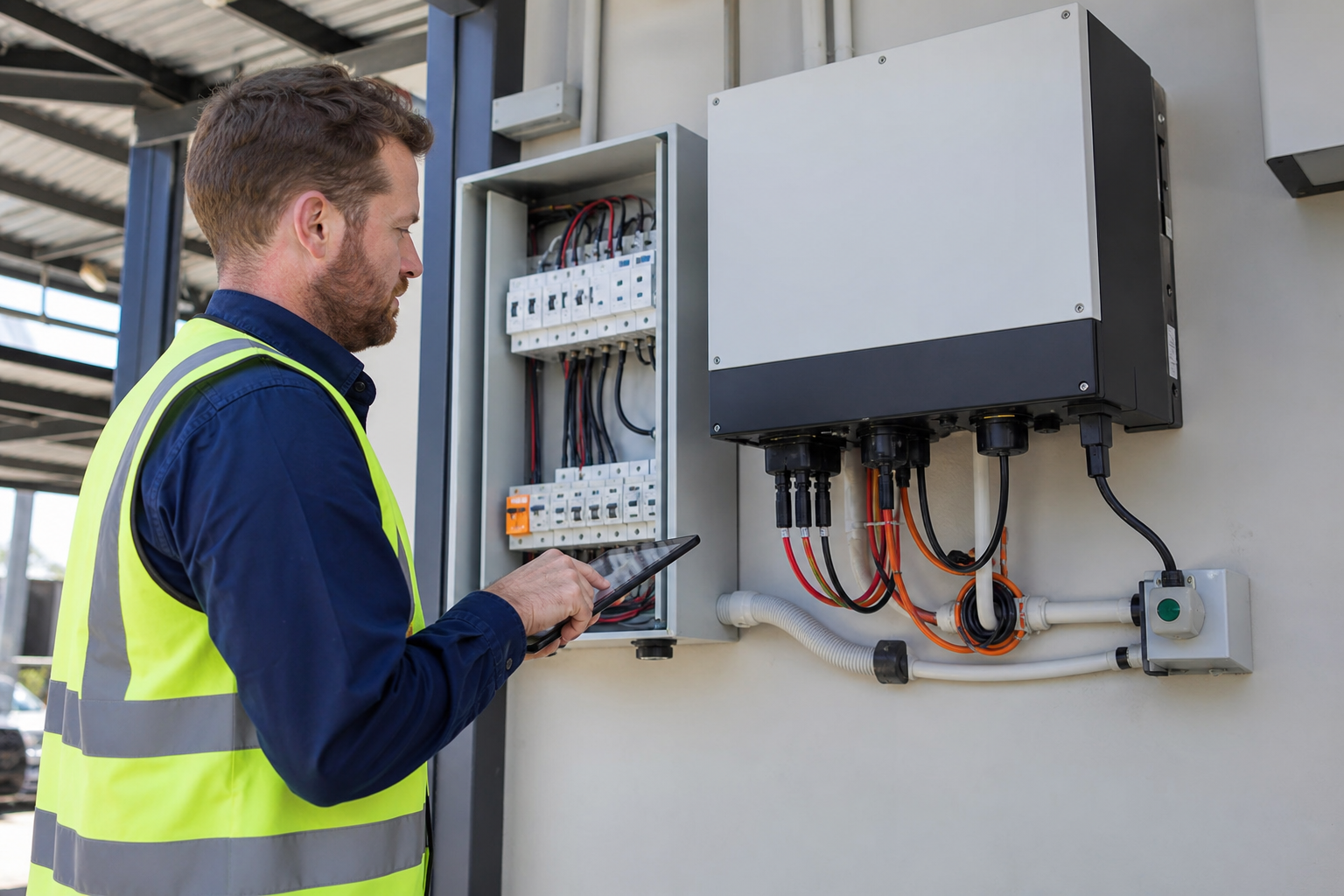 Licensed electrician inspecting a commercial solar inverter in a Sydney business