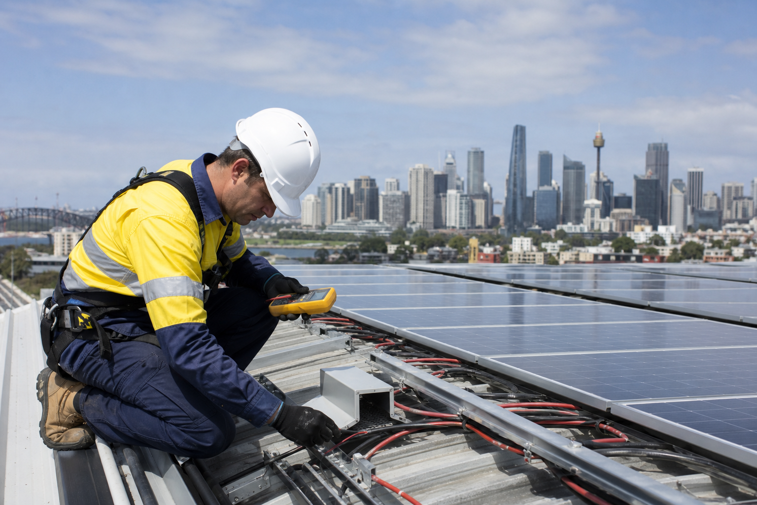 CEC-accredited electrician inspecting commercial solar panels in Liverpool NSW