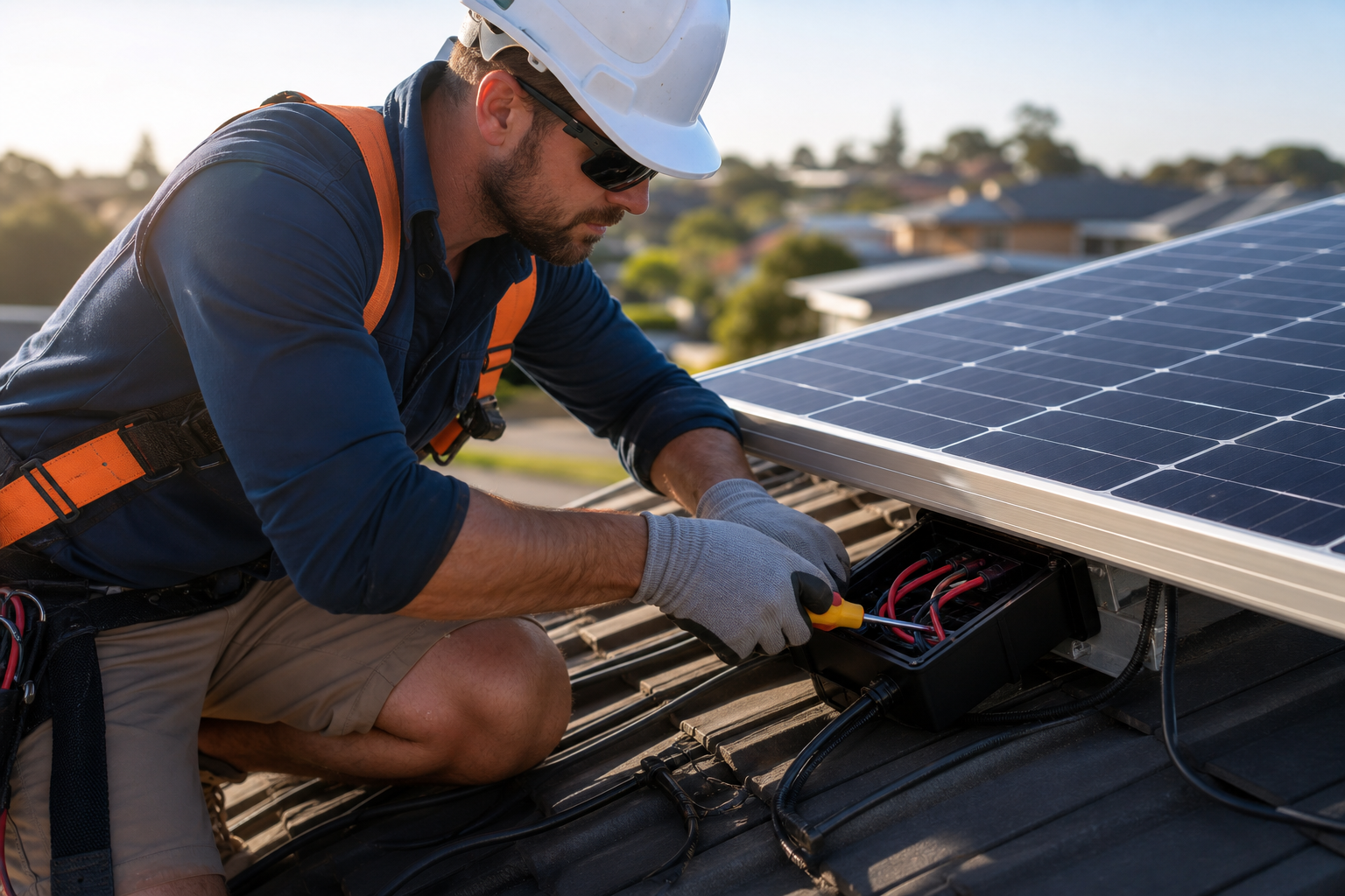 Electrician wiring solar panels on Sydney commercial rooftop