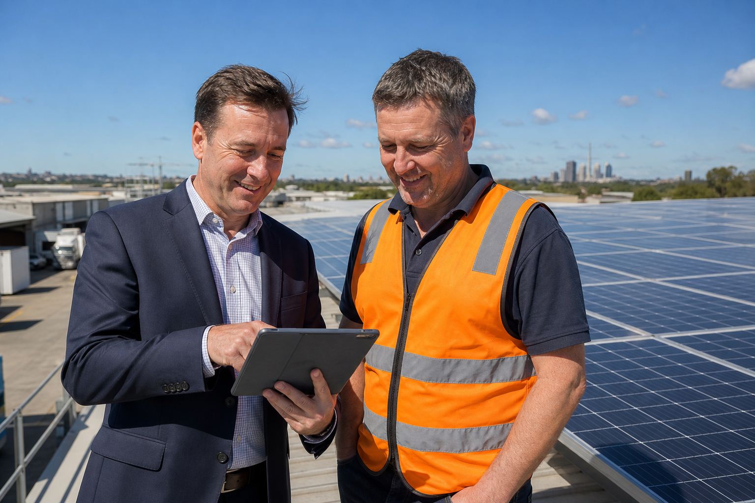 Solar consultant showing warehouse solar proposal on tablet in Sydney