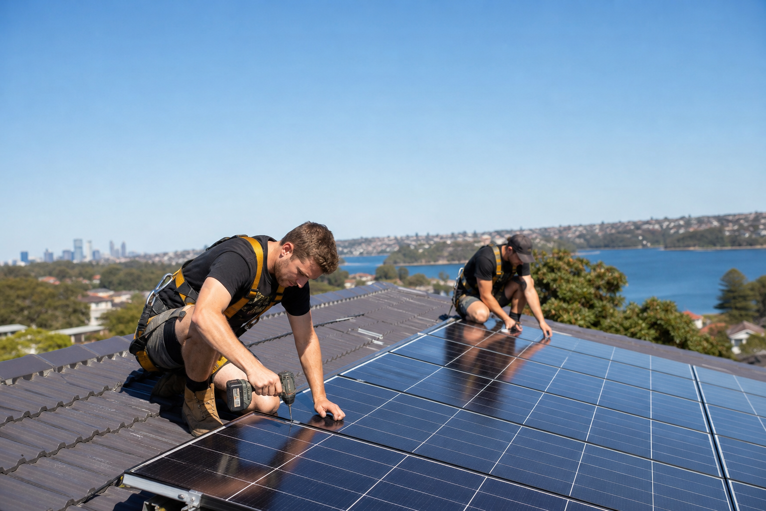 Two Interactive Solar installers securing solar panels on a Sydney rooftop during installation