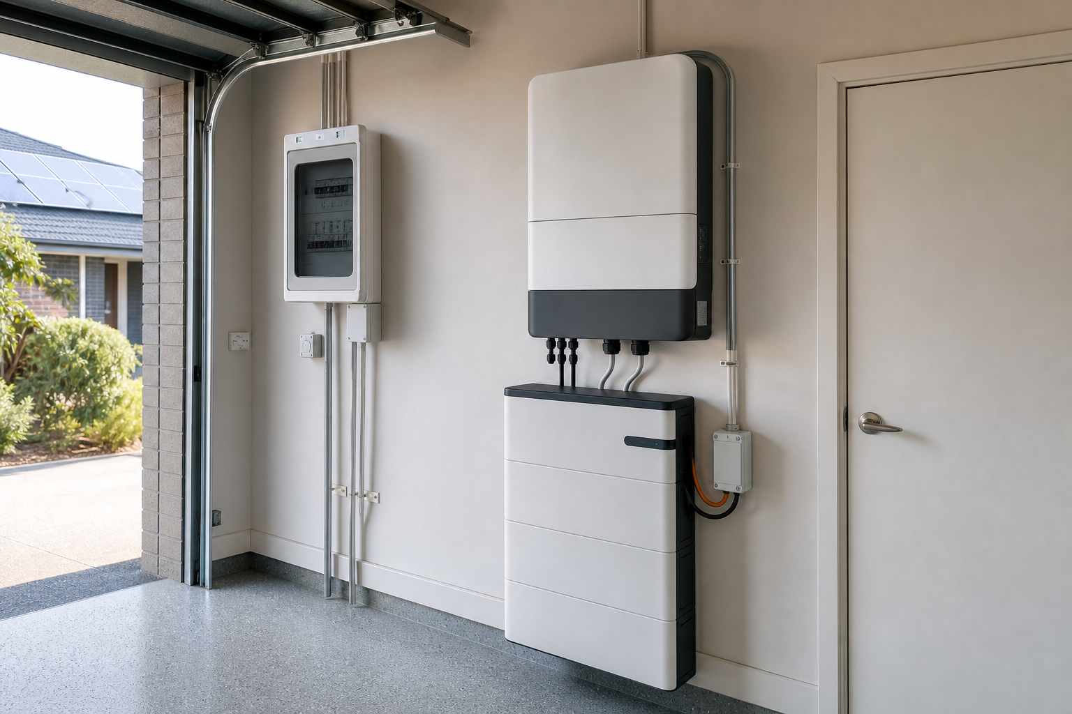 Battery-ready solar inverter and home battery installed in a Sydney garage