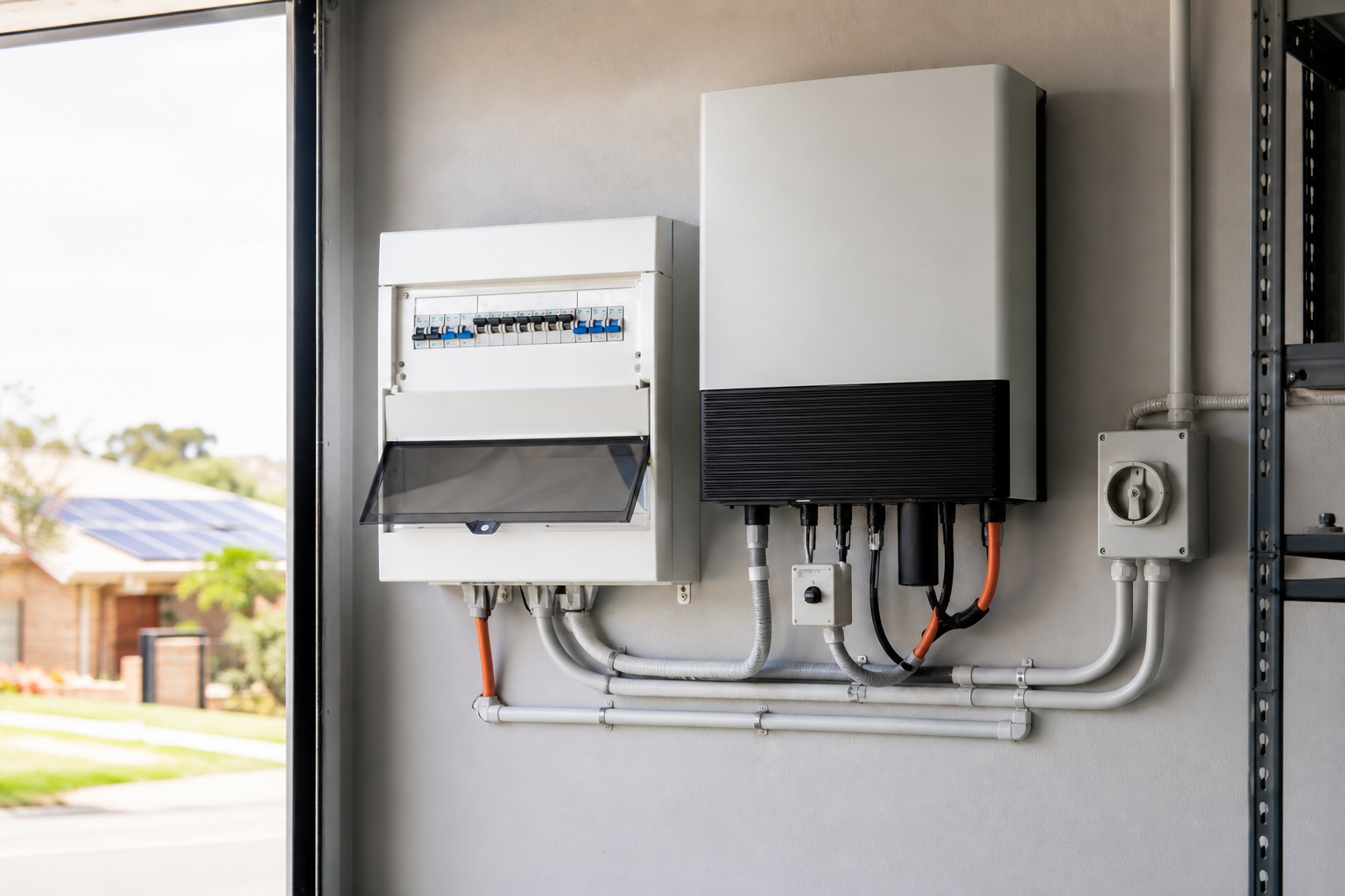 Switchboard and hybrid solar inverter installed in a Sydney home garage as part of a solar system installation