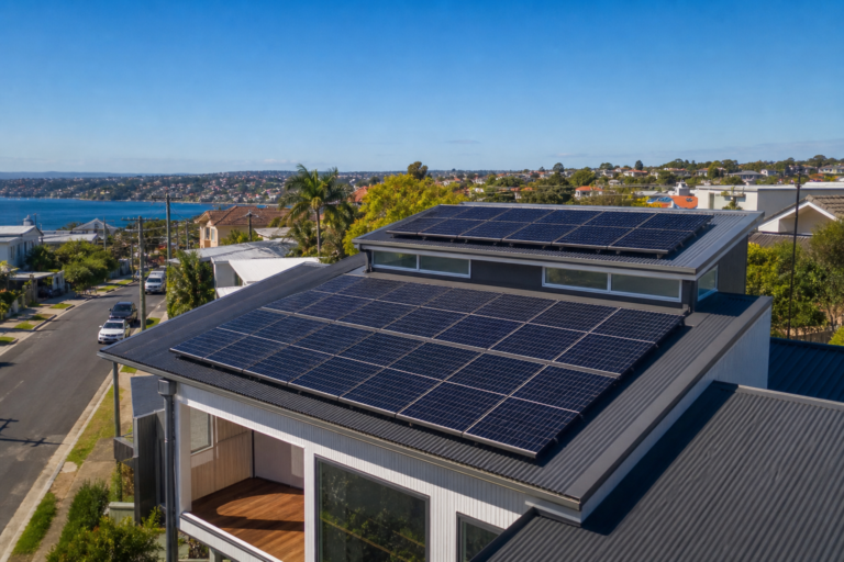 Aerial view of a full rooftop solar panel installation on a modern Sydney home overlooking the harbour