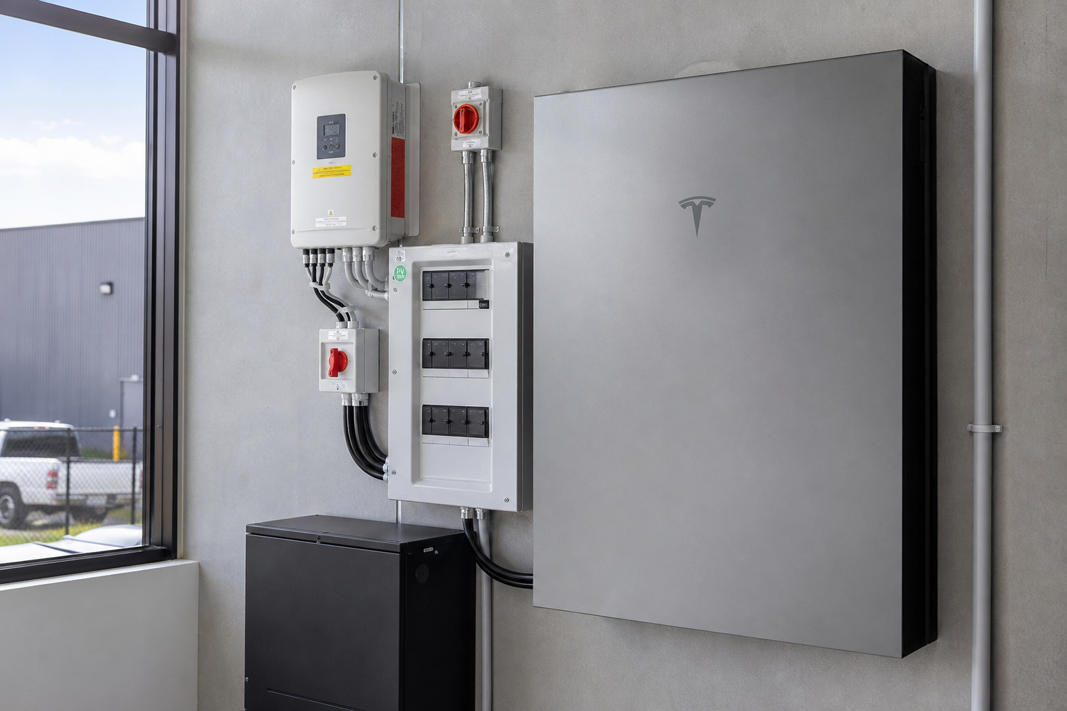Tesla Powerwall commercial battery storage system installed in a business utility room
