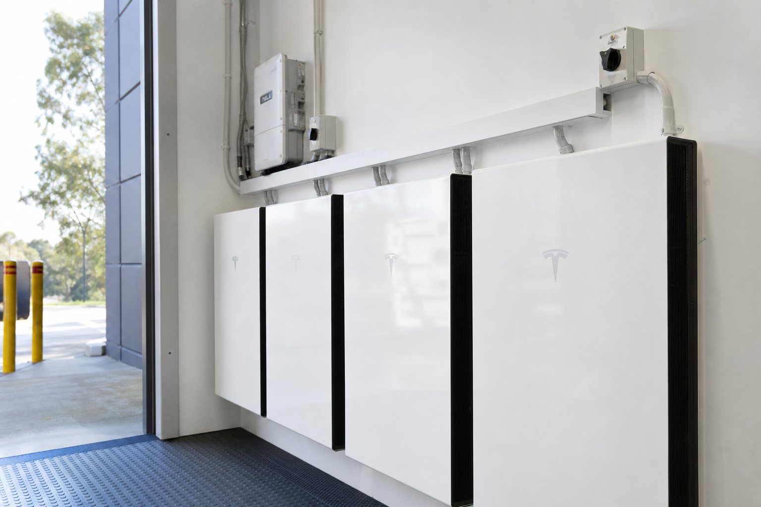 Commercial battery storage system installed in a business utility room