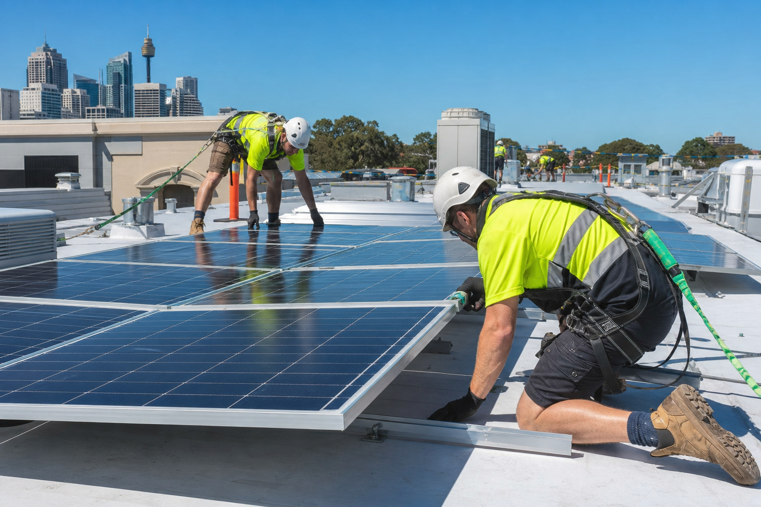 Solar installers mounting commercial solar panels on a Sydney rooftop with city skyline in background