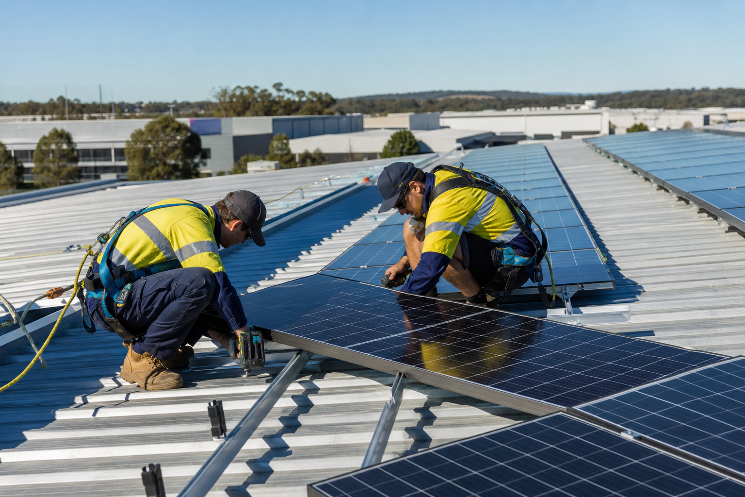Solar installers mounting commercial solar panels on a Western Sydney warehouse roof