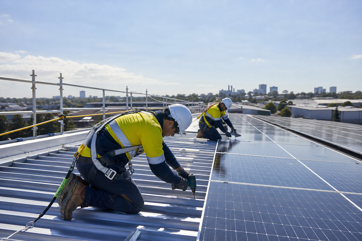 Licensed installers fitting solar panels safely on a Sydney factory roof
