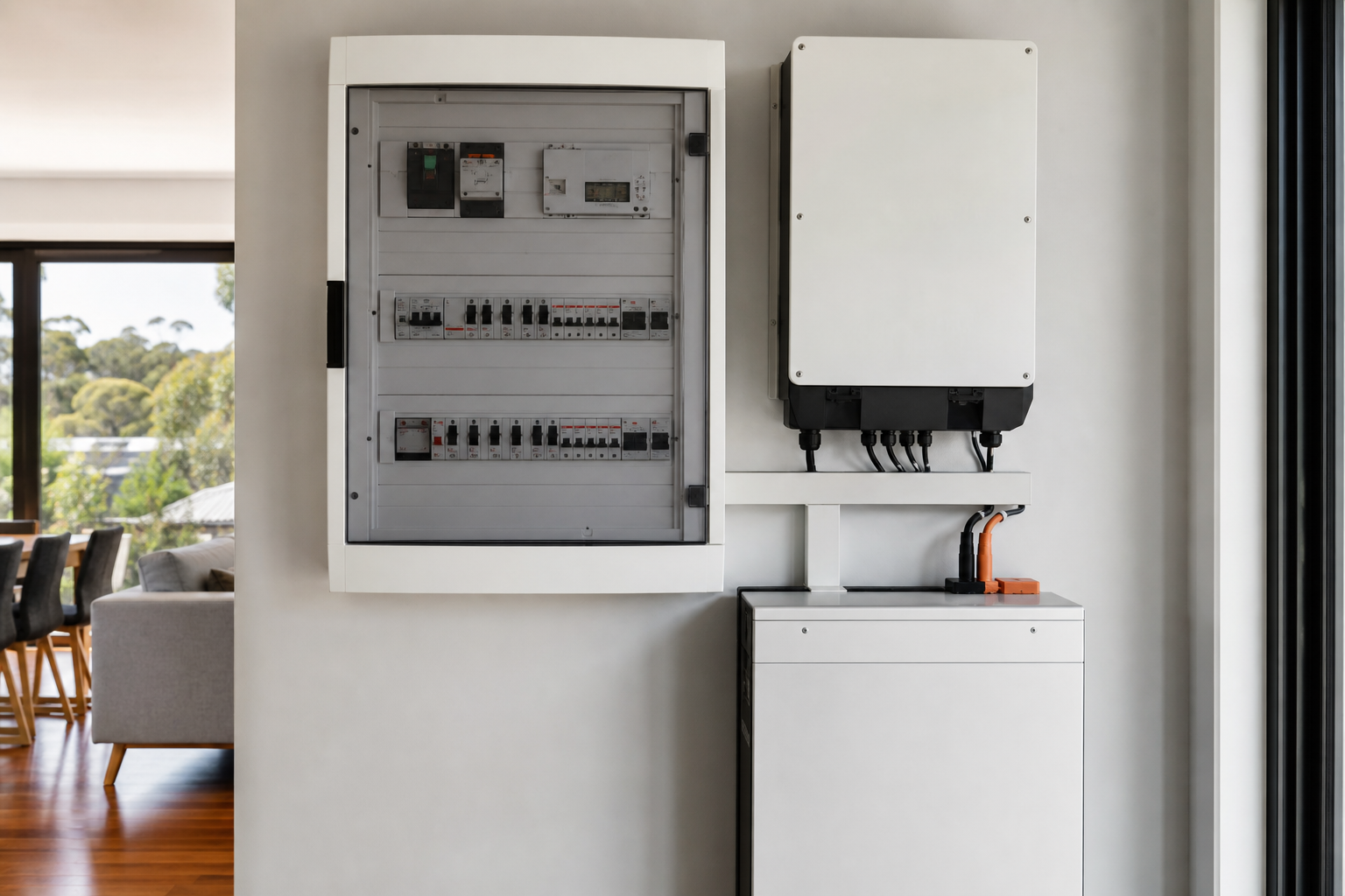 Home battery backup gateway and switchboard installed inside an Australian home for Tesla Powerwall 3 backup