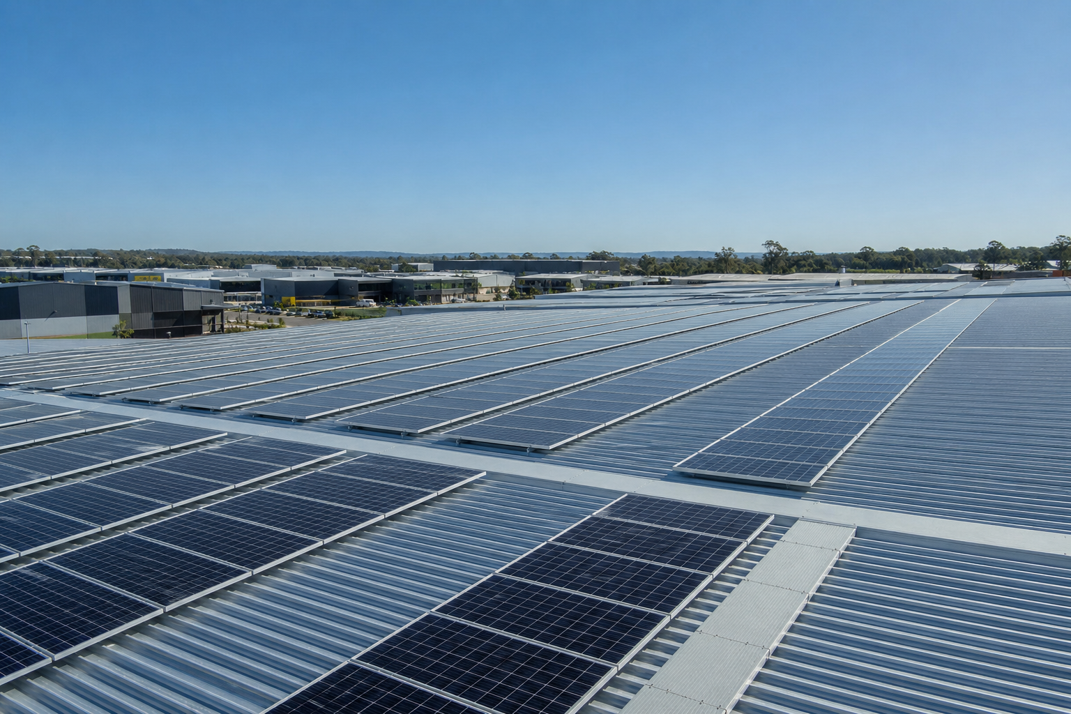 Commercial solar panel array installed on a warehouse rooftop in Western Sydney
